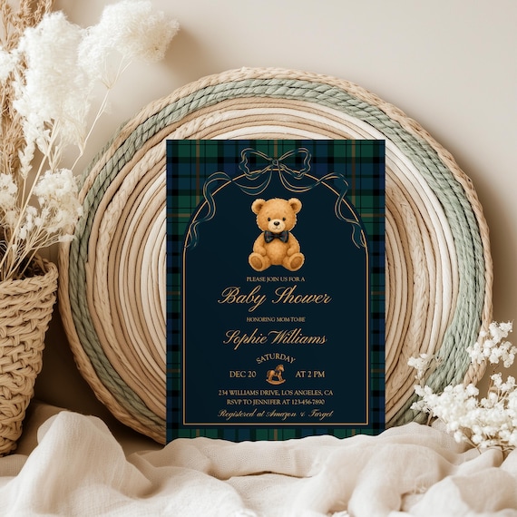 Polo Teddy Bear Baby Shower Invitation, EDITABLE Ralph Lauren Baby Shower Invite,Luxury Vintage Polo Gender Neutral Plaid,Tartan Equestrian