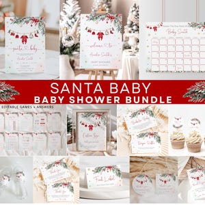 May include: A Christmas-themed baby shower bundle with various items. The set includes invitations, games, and decorations with red and green festive designs. The text "Santa Baby" and "Baby Shower Bundle" are visible.