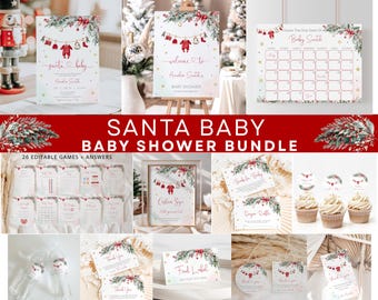 Könnte beinhalten: Ein festliches Babyparty-Bundle mit Santa-Thema. Die Kollektion umfasst Einladungen, Spiele und Dekorationen mit roten und grünen Akzenten. Der Text "Santa Baby" und "Baby Shower Bundle" sind deutlich sichtbar.