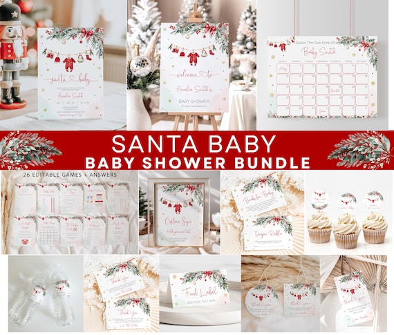 Santa Baby Shower Bundle, Christmas Baby Shower Invitation Bundle,EDITABLE Gender Neutral, Holiday Baby Shower Decor, Winter Baby Clothes