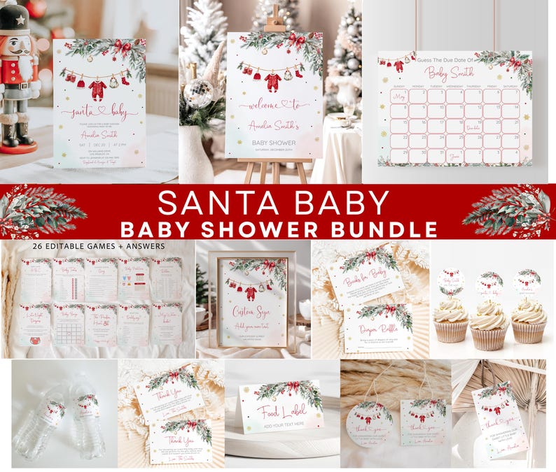 May include: A Christmas-themed baby shower bundle with various items. The set includes invitations, games, and decorations with red and green festive designs. The text "Santa Baby" and "Baby Shower Bundle" are visible.