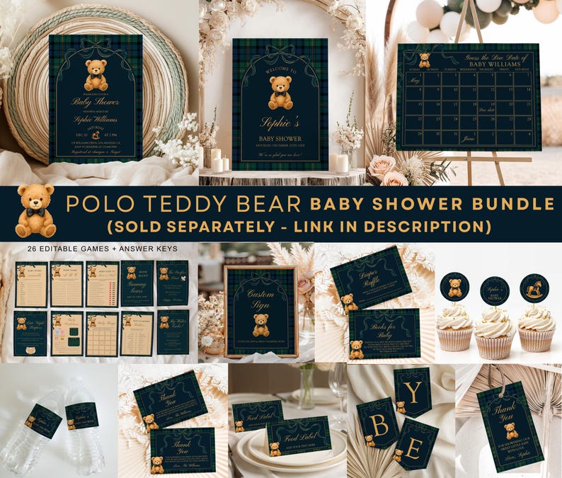 Polo Teddy Bear Baby Shower Invitation, EDITABLE Lauren Baby Shower Invite,Luxury Vintage Polo Gender Neutral Plaid,Tartan Equestrian image 2