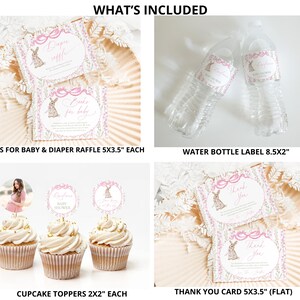 May include: A collection of baby shower stationery items, including books for baby and diaper raffle cards, water bottle labels, cupcake toppers, and thank you cards. The items feature a bunny illustration and are in shades of pink and white.