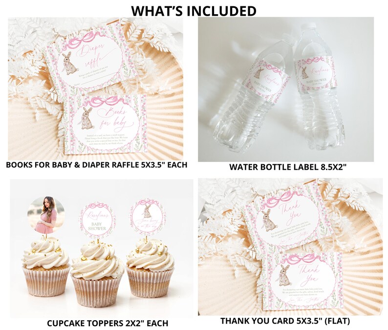 May include: A collection of baby shower stationery items, including books for baby and diaper raffle cards, water bottle labels, cupcake toppers, and thank you cards. The items feature a bunny illustration and are in shades of pink and white.