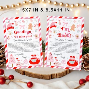 May include: Two Christmas-themed cards with pink and red accents. One says "Goodbye, I'll miss you!" and the other says "I'm Back!" Both cards feature festive illustrations of an elf hat, gingerbread man, and a sleigh. The cards are 5x7 inches and 8.5x11 inches.