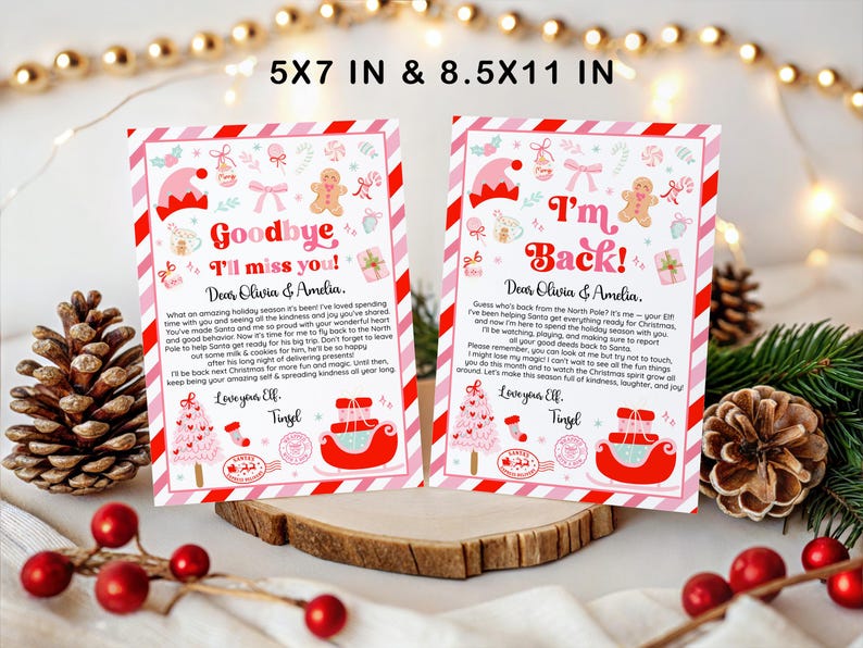 May include: Two Christmas-themed cards with pink and red accents. One says "Goodbye, I'll miss you!" and the other says "I'm Back!" Both cards feature festive illustrations of an elf hat, gingerbread man, and a sleigh. The cards are 5x7 inches and 8.5x11 inches.