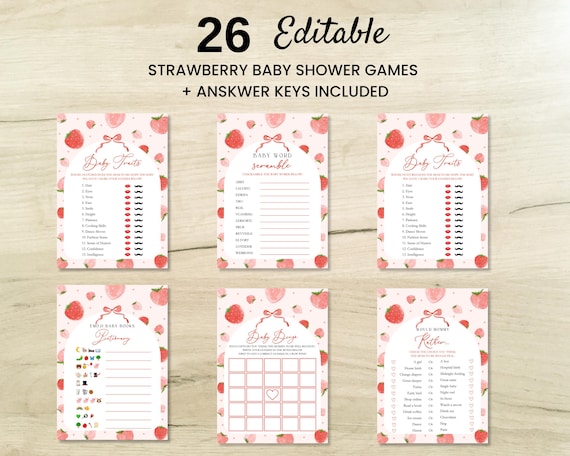 Strawberry Baby Shower Games Bundle, 26 Editable Strawberry Baby Shower Games Bundle,Pink Coquette Berry Sweet Shower Game Package,Printable