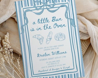 Bun in the Oven Baby Shower Invitation, Editable Hand Drawn Bakery Invite, Whimsical Boy Blue Baby Shower Template,Coquette Bow Aesthetic