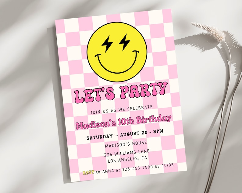 Smiley Face invite, Smiley Face Birthday Invitation, Pink Retro Checkerboard Theme, Preppy Smile Face, Modern Happy Invite, Invite for Girl image 2