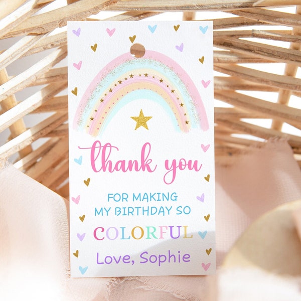 Rainbow Birthday Thank You Tag, Pastel Rainbow Party Gift Tags, Rainbow favor Label, Girl 1st Birthday Editable Printable Download