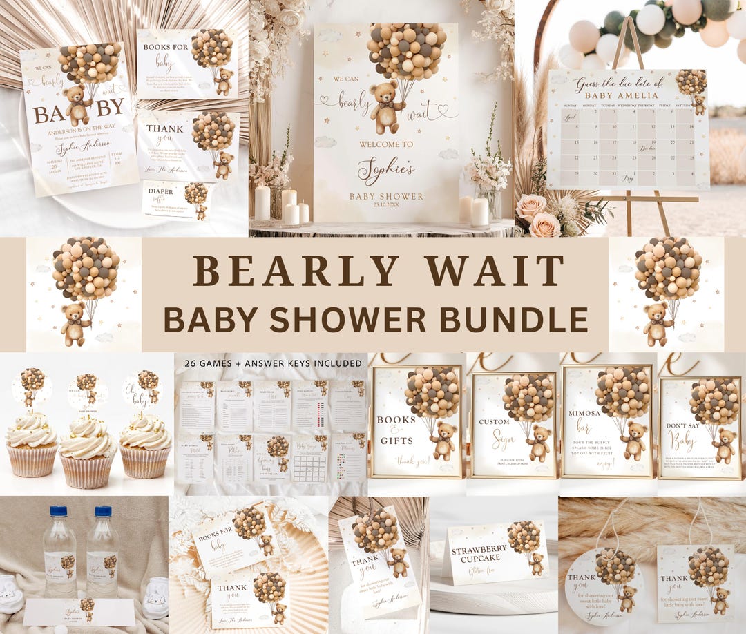 We Can Bearly Wait Baby Shower Bundle,gender Neutral Teddy Bear Baby ...