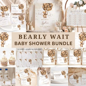Pacchetto Baby Shower "We Can Bearly Wait", Pacchetto Baby Shower "Orsacchiotto di peluche neutro" MODIFICABILE, Set di inviti per Baby Shower "Orsacchiotto Boho", Cartello con giochi
