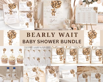 We Can Bearly Wait Baby Shower Bundle,Gender Neutral Teddy Bear Baby Shower Bundle,Minimal Boho Teddy Bear Balloons Baby Bundle Invite Set