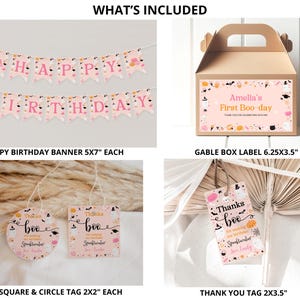 以下が含まれることがあります： ピンクと白の「Happy Birthday」バナー、ゲーブルボックスラベル、さまざまなタグを含むパーティーデコレーションのコレクション。バナーには、文字とハロウィーンをテーマにしたグラフィックが描かれたピンクのペナントが付いています。ゲーブルボックスラベルには「Amelia's First Boo-day」と書かれています。