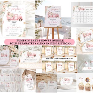 May include: A printable pumpkin baby shower bundle with pink and white floral designs. The bundle includes a welcome sign, table signs, a diaper raffle sign, a game, a calendar, and cupcake toppers. The text on the welcome sign reads "Welcome to Lily & Robert's Baby Shower".