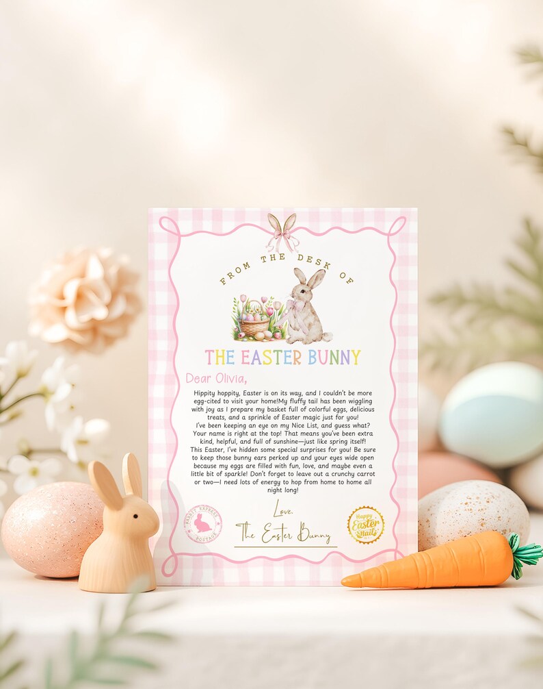 Puede incluir: Una tarjeta rosa y blanca a cuadros vichy con un conejito de dibujos animados sosteniendo una cesta de huevos de Pascua. La tarjeta dice "From the Desk of The Easter Bunny" y est&aacute; dirigida a Olivia. La tarjeta incluye un mensaje del Conejo de Pascua sobre esconder huevos de Pascua y sorpresas.