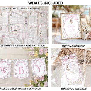 May include: A collection of baby shower decorations featuring a bunny theme. Includes game cards, a custom sign, a welcome banner, and thank you tags. The items are decorated with pink floral and bunny illustrations. The text "What's Included" is at the top.