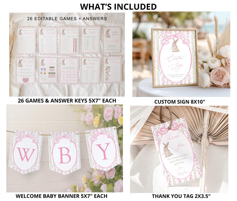 May include: A collection of baby shower decorations featuring a bunny theme. Includes game cards, a custom sign, a welcome banner, and thank you tags. The items are decorated with pink floral and bunny illustrations. The text "What's Included" is at the top.