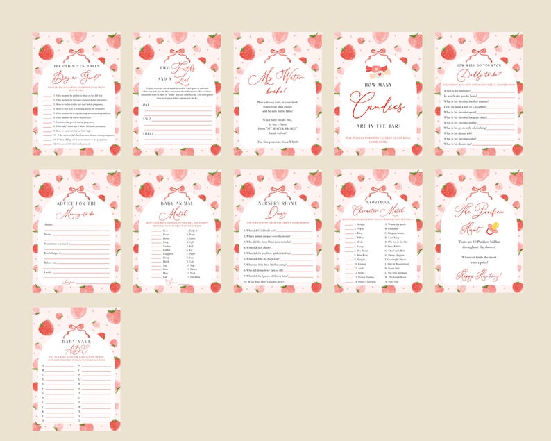 May include: A set of ten pink and white baby shower game cards with peach illustrations. The games include "Who Knows Baby Best", "Baby Animal Match", "Guess the Baby Food", "How Many Candies Are in the Jar", "Baby Word Scramble", "What's in the Diaper Bag", "Guess the Baby Food", "Baby Shower Bingo", "Guess the Baby's Due Date", and "The Pacifier Hunt".