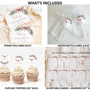 May include: A selection of baby shower party items, including thank you cards, water bottle labels, cupcake toppers, and editable games. The thank you cards are 12.7x8.9 cm, and the water bottle labels are 21.6x5.1 cm.