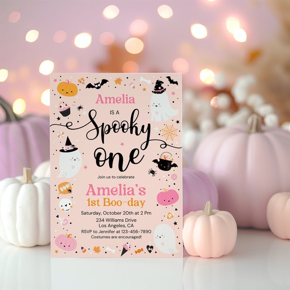Spooky One Pink Halloween Birthday Party Invitation,EDITABLE Cute Pink Ghost 1st Birthday Spooktacular Halloween Invite, 1st Boo Day Invite