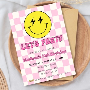 Smiley Face invite, Smiley Face Birthday Invitation, Pink Retro Checkerboard Theme, Preppy Smile Face, Modern Happy Invite, Invite for Girl image 3