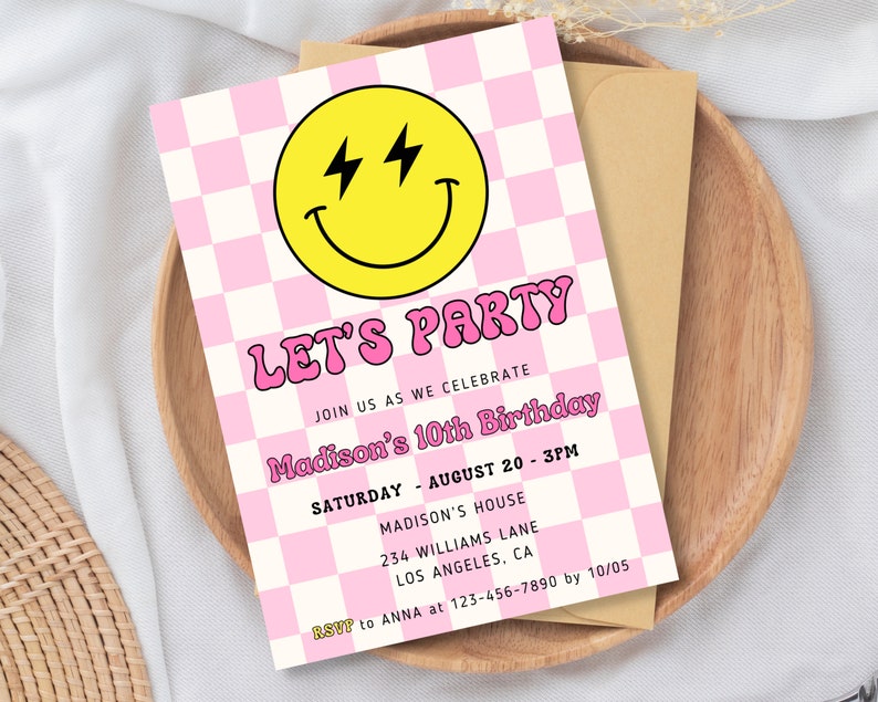 Smiley Face invite, Smiley Face Birthday Invitation, Pink Retro Checkerboard Theme, Preppy Smile Face, Modern Happy Invite, Invite for Girl image 3