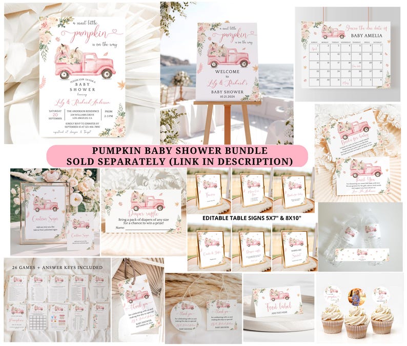 May include: A printable pumpkin baby shower bundle with a pink and white color scheme. The bundle includes a welcome sign, table signs, a diaper raffle sign, a game, a calendar, and cupcake toppers. The design features a pink truck with pumpkins and floral accents.