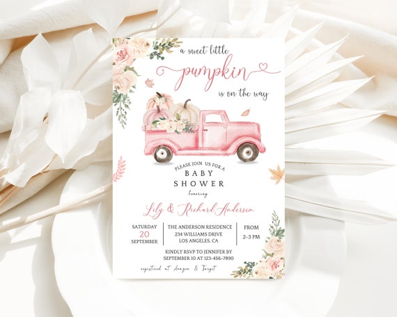 A Little Pumpkin is on the way Baby Shower Invitation,Pink Truck Fall Shower Invite Girl Autumn Boho Rustic Editable Printable Download