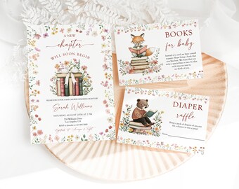 Woodland Storybook Baby Shower Invitation Set,Wildflowers Storybook Baby Shower Editable Template Set,A New Chapter Begins,Instant Download