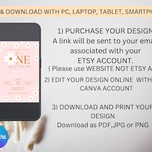 Op de afbeelding: Een smartphone toont een roze verjaardagsuitnodiging met madeliefjesaccenten. De uitnodiging luidt "One, Emily's 1st Birthday" met de datum 15 juli. Instructies voor aankoop, bewerking en downloaden zijn ook afgebeeld. Het Canva-logo is zichtbaar.