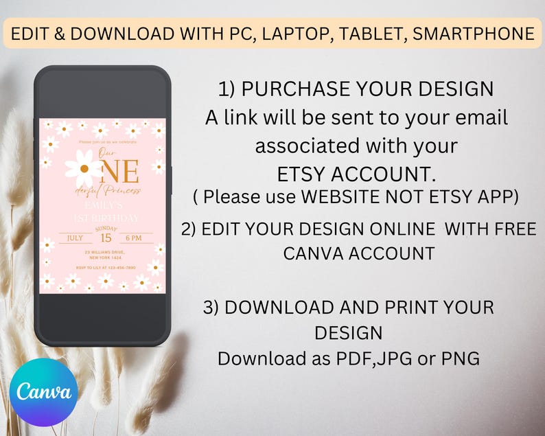 Op de afbeelding: Een smartphone toont een roze verjaardagsuitnodiging met madeliefjesaccenten. De uitnodiging luidt "One, Emily's 1st Birthday" met de datum 15 juli. Instructies voor aankoop, bewerking en downloaden zijn ook afgebeeld. Het Canva-logo is zichtbaar.
