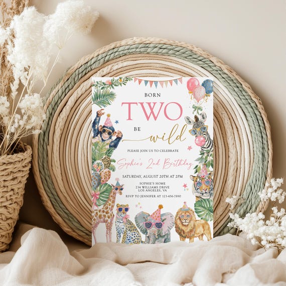 Two Wild Second Birthday Invitation, Safari 2nd Birthday Invitation, Born Two be Wild Invite,Girl Jungle Birthday,Safari Animals Boho Floral