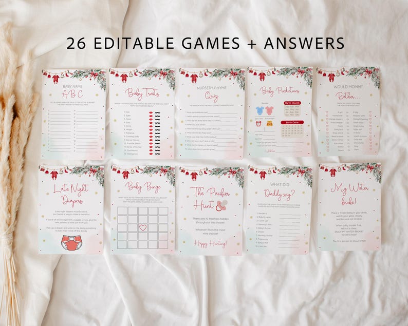 May include: A set of 26 editable baby shower game cards with festive holiday designs. Each card features a unique game, such as "Baby Bingo" and "Baby Predictions," with decorative borders and the text "26 EDITABLE GAMES + ANSWERS."