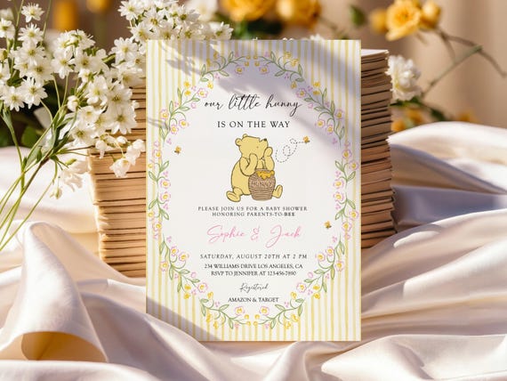 Winnie the Pooh Girl Baby Shower Invitation, A Little Hunny is on the way Invite, Classic Winnie The Pooh Pink Invite, EDITABLE Template