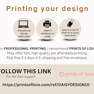 Op de afbeelding: Een informatieve afbeelding met de tekst "Printing your design" bovenaan. Het bevat drie cirkelvormige pictogrammen: een laptop, een printer en een USB-stick, elk met tekst die afdrukopties beschrijft. De afbeelding beveelt Prints of Love aan voor professioneel printen.