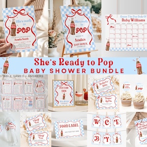 May include: A baby shower bundle with a retro soda theme. Includes invitations, games, a calendar, cupcake toppers, thank you cards, food labels, and a banner. The design features a red and white checkered pattern and a soda bottle illustration.