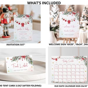 May include: A set of Christmas-themed baby shower stationery. Includes a 5x7 inch invitation, a welcome sign in three sizes, a food tent card, and a 61x46 cm due date calendar. Each item features festive red and green accents.