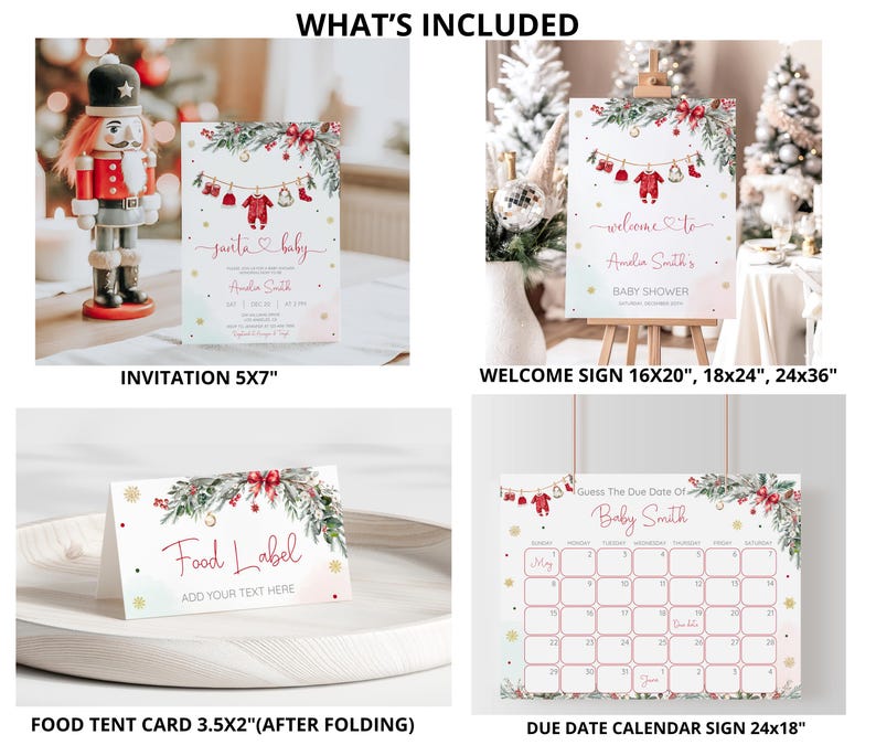 May include: A set of Christmas-themed baby shower stationery. Includes a 5x7 inch invitation, a welcome sign in three sizes, a food tent card, and a 61x46 cm due date calendar. Each item features festive red and green accents.