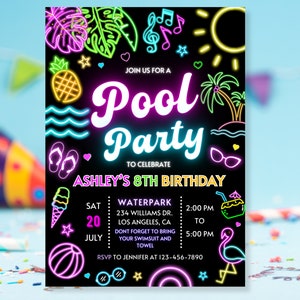 Pool party invitation, Glow neon Pool party Invite, Girl Boy Tropical tie dye birthday pool party invitation swimming party instant download