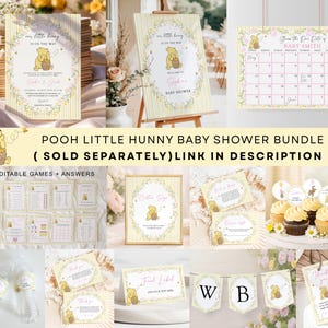 May include: A baby shower bundle featuring Winnie the Pooh. The set includes invitations, a calendar, games, cupcake toppers, water bottle labels, thank you cards, food labels, and a banner. The design incorporates yellow, white, and floral elements.