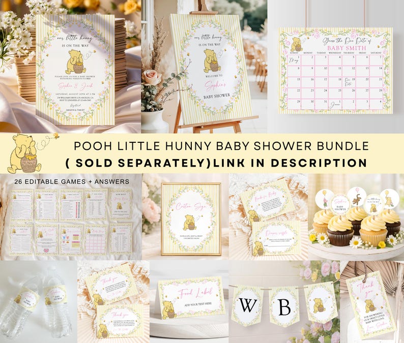 May include: A baby shower bundle featuring Winnie the Pooh. The set includes invitations, a calendar, games, cupcake toppers, water bottle labels, thank you cards, food labels, and a banner. The design incorporates yellow, white, and floral elements.