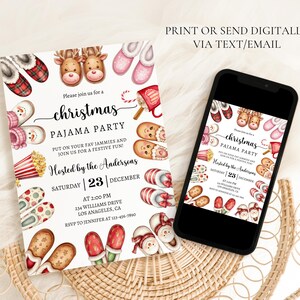 May include: A Christmas pyjama party invitation with a white background and colourful illustrations of pyjamas, popcorn, candy canes, and a snowman. The text reads "Please join us for a Christmas Pyjama Party. Put on your fav jammies and join us for a festive fun! Hosted by the Andersons. Saturday 23 December. At 2:00 PM. 234 Williams Drive, Los Angeles, CA. RSVP to Jennifer at 123-456-7890."