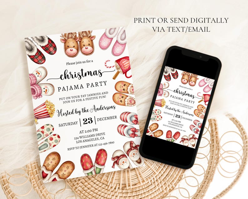 May include: A Christmas pyjama party invitation with a white background and colourful illustrations of pyjamas, popcorn, candy canes, and a snowman. The text reads "Please join us for a Christmas Pyjama Party. Put on your fav jammies and join us for a festive fun! Hosted by the Andersons. Saturday 23 December. At 2:00 PM. 234 Williams Drive, Los Angeles, CA. RSVP to Jennifer at 123-456-7890."