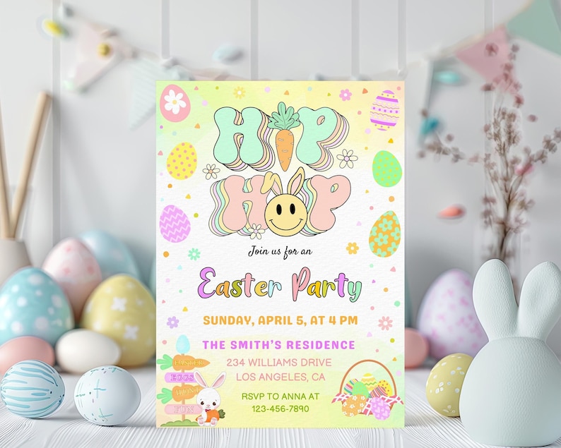 Peut inclure: Une invitation color&eacute;e &agrave; une f&ecirc;te de P&acirc;ques avec un design fantaisiste mettant en sc&egrave;ne un lapin avec une carotte et les mots "Hip Hop" dans une police r&eacute;tro. L'invitation comprend les d&eacute;tails de la f&ecirc;te, y compris la date, l'heure et le lieu.