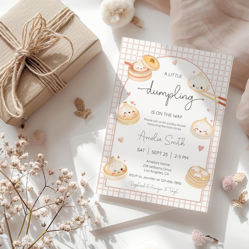 May include: A baby shower invitation with a dumpling theme. The invitation features illustrations of smiling dumplings, hearts, and the text "A Little Dumpling Is On The Way." The invitation includes the name Amelia Smith, date, time, and RSVP information.