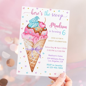 Ice Cream Birthday Party Invitation, Ice cream Party Invite, social Party Here&#39;s the Scoop Pink Blue Purple,Girl Birthday Printable Editable