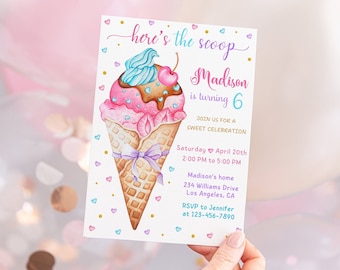 Ice Cream Birthday Party Invitation, Ice cream Party Invite, social Party Here's the Scoop Pink Blue Purple,Girl Birthday Printable Editable