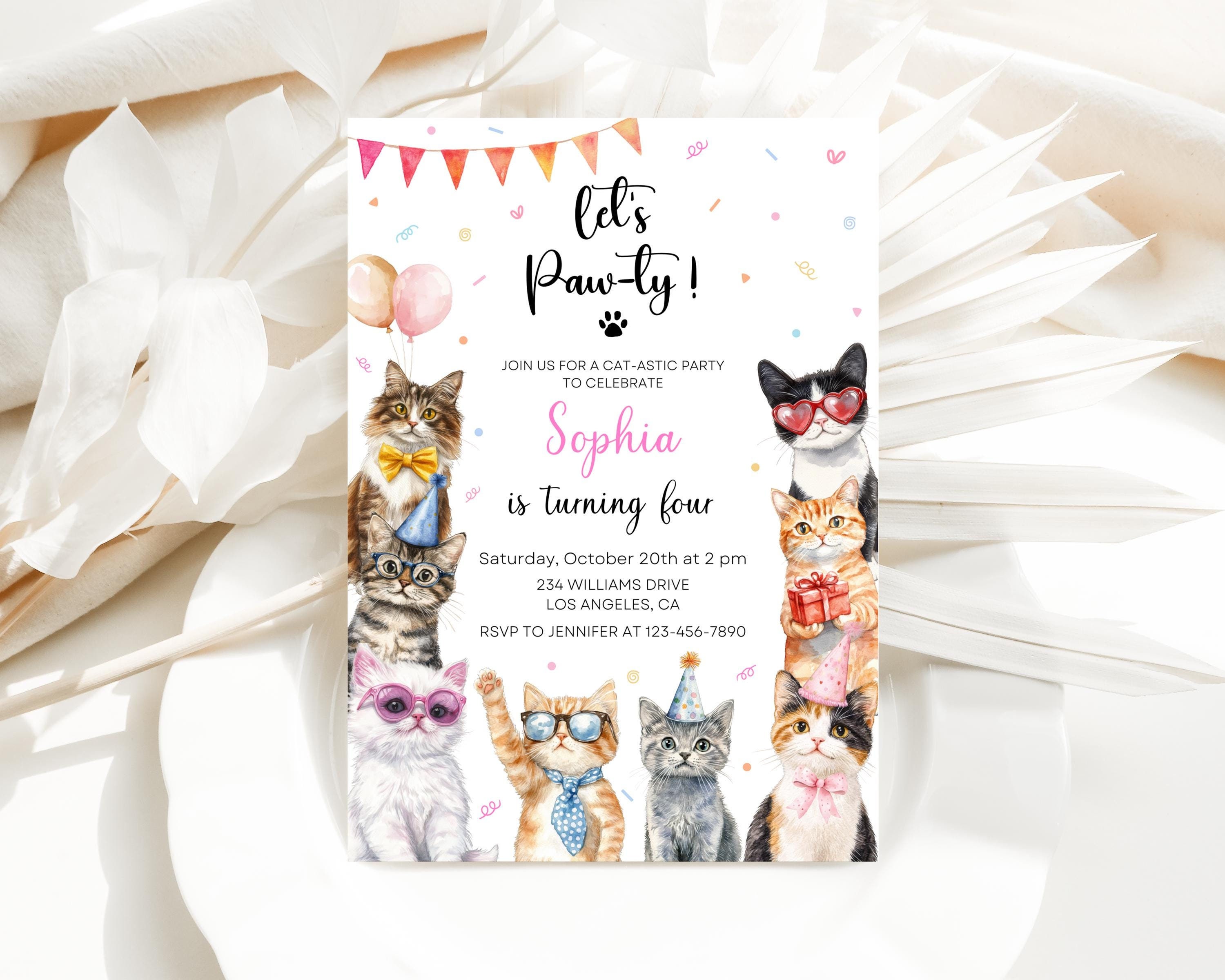 Set 12 Inviti Compleanno 6 Anni Per Bambini Con Gatto | Kit Festa: Inviti, Buste, Adesivi, Segnalibri E Sacchetti Regalo