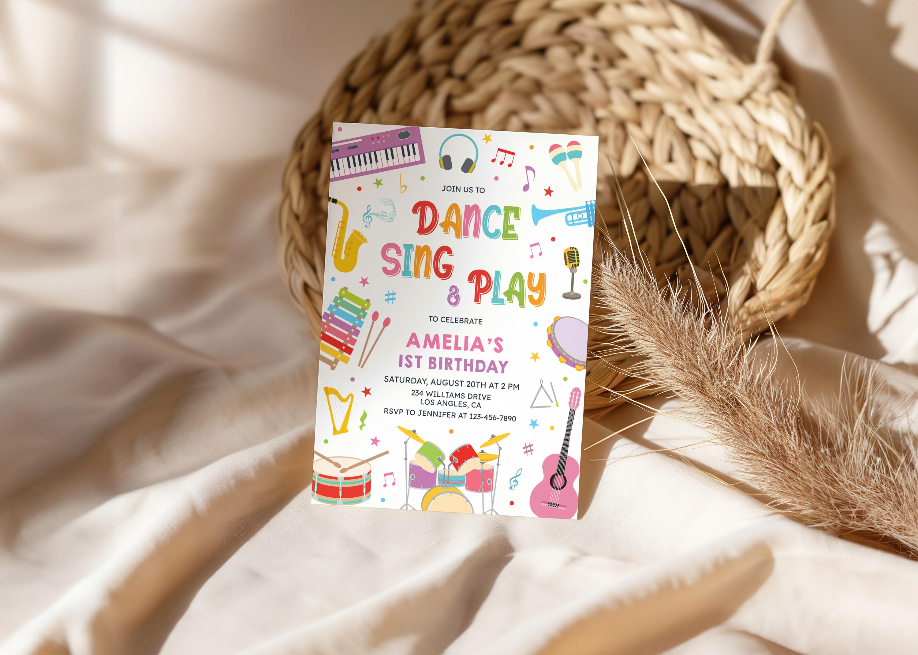 Invitation Song Music Birthday Party Invitation: Kids Musical Instruments, Let's Dance ...